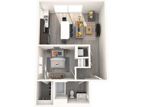 Floor plan for 1 bed, 1 bath, 747 sqft